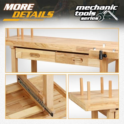 Magshion 60" Rubber Hardwood Work Bench, 500Lbs Load Capacity Heavy Duty Woodworking Table with Solid Oak Vise and Removable Stop Block, Workbench for Garage, Workshop, Home Storage (Natural)