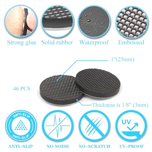 Non Slip Furniture Pads,Solid Rubber Furniture Pads 1 inch Round, 46 pcs,Black,Stoppers,Self Adhesive Anti-Sliding Grippers for Bed,Couch,Table,Rubber Feet,Floor Protectors - size: 1 Inch Round