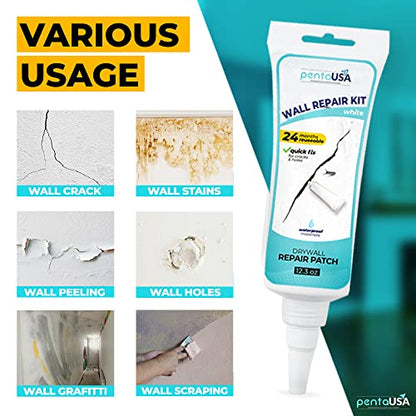 PentaUSA Drywall Repair Kit - 12.3Oz Wall Mending Agent with Scraper, Spackle Wall Patch, Drywall Repair Patch for Wall Hole, Concrete Repair, Cement Crack Filler - White (12.3Oz / 350gr)
