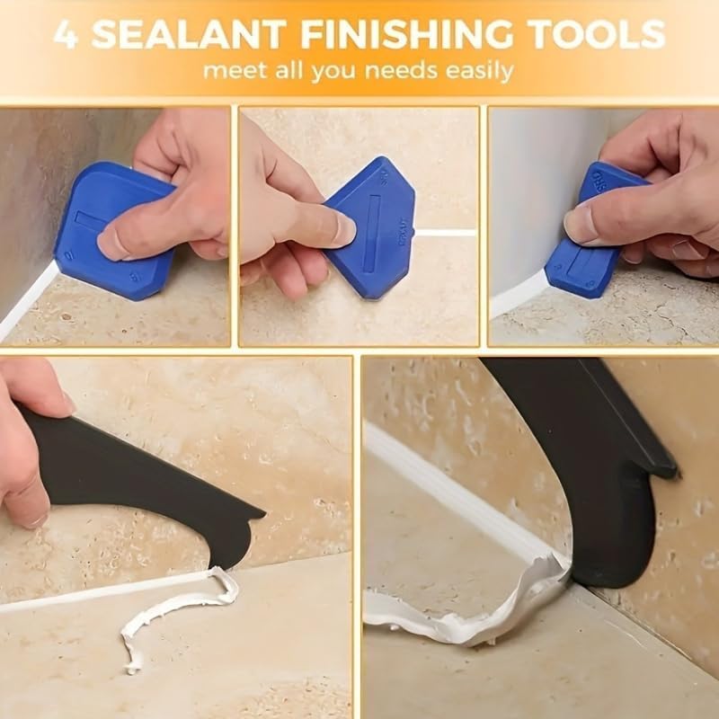 4 Pcs Silicone Caulking Tool Kit, Reusable Sealant Finishing & Grout Scraper Caulk Remover Tool, Portable for Kitchen Bathroom Sink Floor Joint Sealing (Blue)