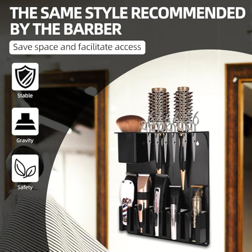 Clipper Holders Barbers Organizer, 13" x 12" x 3" Wall-Mounted Multi-Functional Hair Styling Tool Storage Stand for Clipper, Scissors, Comb, Curling Irons - for Salon, Home Bathrooms, with Screws Kit - size: 11.8 x 13.2 x 3 Wall-mounted