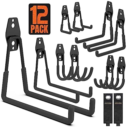 Garage Hooks, 12 Pack Wall Storage Hook Includes 2 Extension Cord Holder, Utility Organization, Heavy Duty Wall Mount Hangers for Hanging Bike, Ladder, Garden Tools - color: 12 Pack Black Hooks