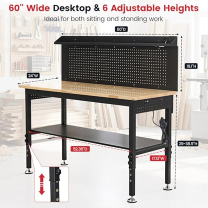 ENJOYWOOD 60'' Heavy Duty Workbench 3000 LBS Load Capacity Adjustable Height Garage Work Bench with Pegboard, Storage Shelf, Power Outlets and LED Light - size: XXXXX-Large