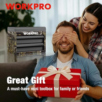 WORKPRO Metal Mini Tool Box, Top Tool Chest containing Two Drawers with Ball Bearing Slides, PVC Drawer Liners and PP Feet Pads, Durable Cold Rolled Steel Small Toolbox for Multi-Purpose Storage - color: Green Camo