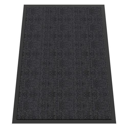 Indoor Outdoor Door Mat, 5' x 4' Doormat for Entryway, Rubber Backing Non Slip Front Door Mat Outside Entrance, Super Absorbent Commercial Floor Mat for Home Office, Grey - color: Dark Grey Striped, size: 4' X 5' (Rectangular)