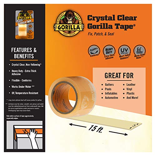 Gorilla Crystal Clear Duct Tape, 1.5" x 5 yd, Clear, (Pack of 3) - size: 3 Pack