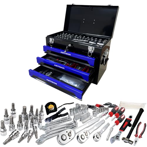 Runboll Mechanics Tool Set 339-Piece 3-Drawer Toolbox with Tools Kits Included, with pliers, ball hammer, screwdrivers, wrenches, Hex Keys, and More - color: Blue, size: Toolbox w/ Kits