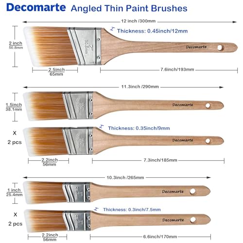 Thin Soft Bristle Long-Handled Wood Angled Sash Stain Brush for Painting Doors, Furniture, Wall Trim, House Touch Ups, Enamel Home Decorating Lacquer Paint Brush Pack Assorted