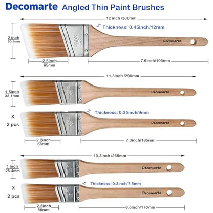 Thin Soft Bristle Long-Handled Wood Angled Sash Stain Brush for Painting Doors, Furniture, Wall Trim, House Touch Ups, Enamel Home Decorating Lacquer Paint Brush Pack Assorted