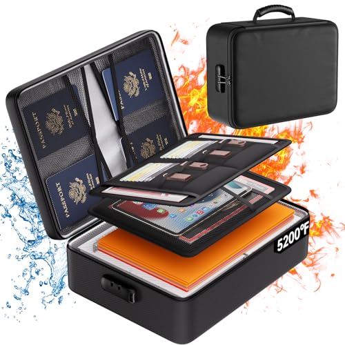 DocSafe 5200°F Document Organizer with Lock, Upgraded Heat Insulated Fireproof＆Water-Resistant Box 8 Layers File Organizer, Portable Home Travel Safe Storage for Important Documents and More - color: Black, size: 15"x11"x4.1"