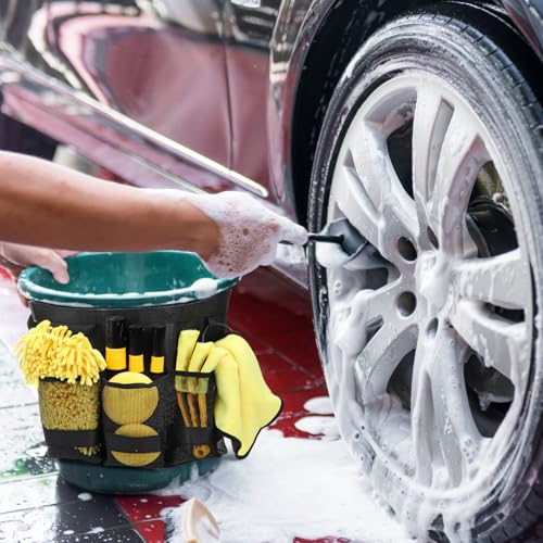 5 Gallon Bucket Tool Organizer, Adjustable Bucket Storage Bag with Mesh Compartments, Durable Black Garden Tool Caddy Swivel Seat Pouch for Ice Fishing, Car Cleaning, Hiking