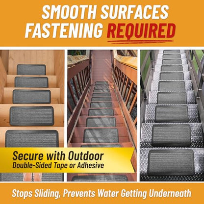 Ottomanson Outdoor Rubber Stair Treads – Ribbed Heavy-Duty Non-Slip Stair Mats – Best Grip on Concrete, Brick & Textured Step – Fastening Recommended for Wooden & RV Steps, Pack of 5 - color: Gray Ribbed