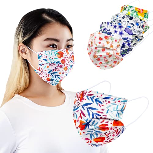 Disposable Safety Mask 3 Layer Protection Face Mask for Adults 50 pcs (Flower Assorted Print 2) - color: Flower Assorted Print 2