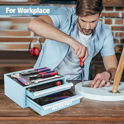 WORKPRO 12.5" Mini Tool Box with 2 Drawers & 1 Open Top Storage, Small Metal Tool Chest with PVC Liners & PP Feet Pads, Cold Rolled Steel Toolbox with Drawer Liners & Magnetic Tabs - color: Macaron Blue