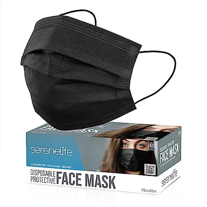 SereneLife 50 Count Disposable Face Masks | Breathable 3-Ply Layers | Made from Non-Woven Fabric | Comfortable Earloops | Daily Use & Personal Care | Easy to Use & Disposable | For Adults (Black) - size: 50 Count (Pack of 1)