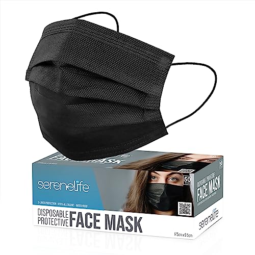 SereneLife 50 Count Disposable Face Masks | Breathable 3-Ply Layers | Made from Non-Woven Fabric | Comfortable Earloops | Daily Use & Personal Care | Easy to Use & Disposable | For Adults (Black) - size: 50 Count (Pack of 1)