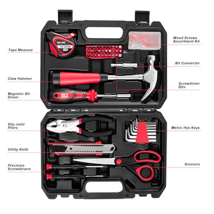 Prostormer 93-Piece Tool Kit, Basic Household Repair Tool Set with Toolbox Storage Case, Small Starter Tool Box Kit for Homeowners and College Students (Red) - color: Red