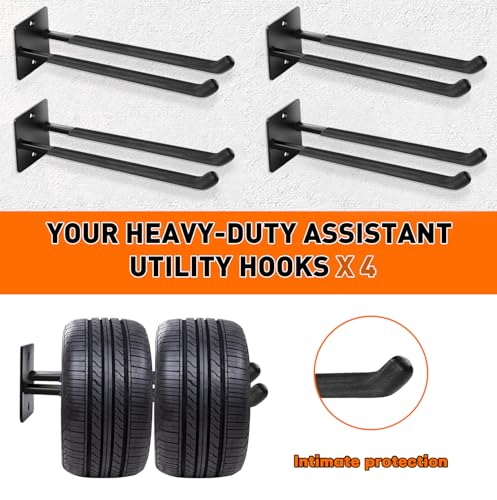14" Large Garage Hooks, 4-Pack Garage Hooks Heavy Duty, Utility Steel Garage Wall Hooks for Hanging Yard Tools,Car Tires, Ladders,Chairs and More