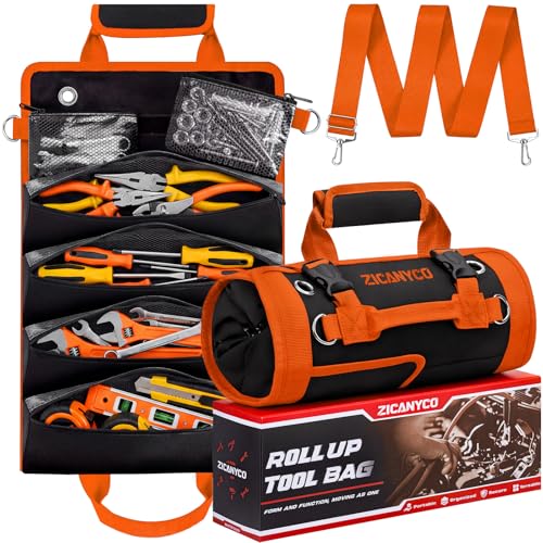Roll Up Tool Bag, Heavy Duty See-Through Tool Roll Organizer with 2 Detachable Pouches, Portable Mechanic & Motorcycle Tool Bag, Birthday & Father’s Day Gift, Orange - color: Orange