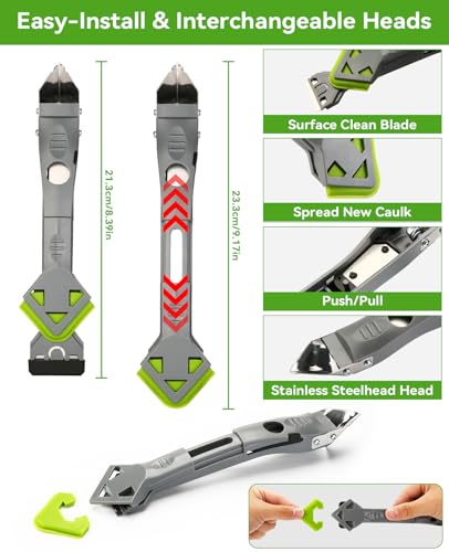 7 in 1 Caulking Tool, Caulk Remover Tool Kit with 5 Pcs Replaceable Silicone Pads, Grout Removal, Scraper for Bathroom, Kitchen and Window Sealant Trimming (7) - size: 7