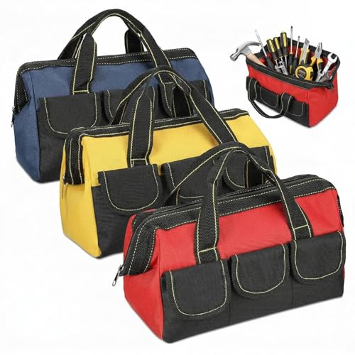 Sanwuta 3 Pack Tool Bag for Men with Waterproof Hard Bottom, Heavy Duty Tool Bag Wide Mouth Tote for Various Instrument, Electrician Carpenter Mechanic(Blue, Red, Yellow,16 Inch,Classic) - color: Blue, Red, Yellow, size: 16 Inch, style: Classic