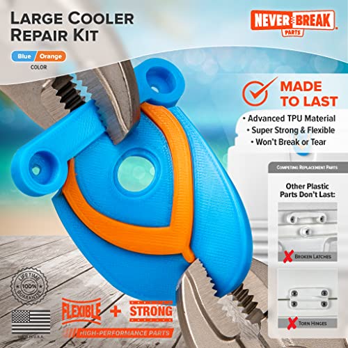 NeverBreak Parts - Igloo Cooler Replacement Parts - Large Repair Kit | High Strength Igloo Cooler Hinges Replacement with Latches | Ice Chest Repair Kit - color: Blue with Blue & Orange Flip-Flops