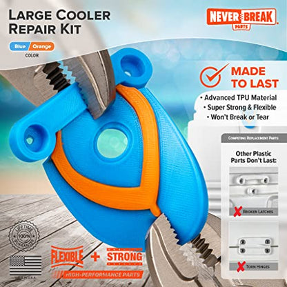 NeverBreak Parts - Igloo Cooler Replacement Parts - Large Repair Kit | High Strength Igloo Cooler Hinges Replacement with Latches | Ice Chest Repair Kit - color: Blue with Blue & Orange Flip-Flops