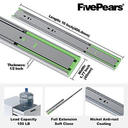 FivePears 1 Pairs 16 Inch Heavy Duty Soft Close Drawer Slides, 150 Lb Load Capacity Full Extension Ball Bearing Side Mount Drawer Runner, Rv Tool Box Kitchen Cabinet Drawer Self Closing Glide Rails - size: 16 Inch