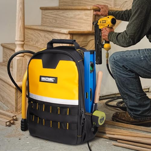 HAUTMEC Tool Backpack with Laptop Compartment, Heavy-Duty 1680D Water-Resistant Tool Bag with Reinforced Hard Base, Double Zipper, Widened Padded Straps for Technicians & Contractors – HTTBM25058 - color: Yellow & Black