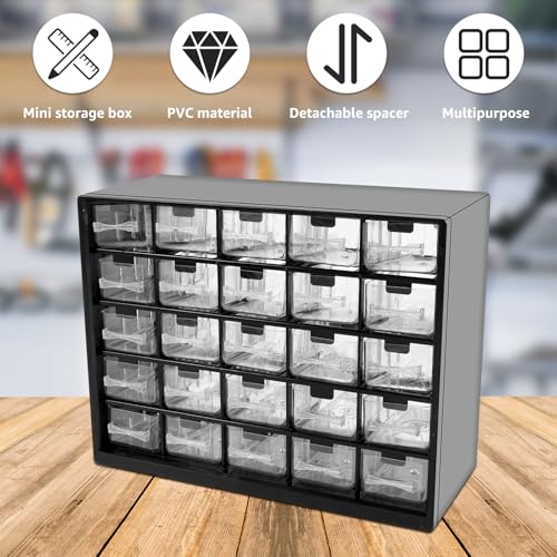 25 Drawers Stackable Storage Cabinet with 50 Removable Dividers, Clear Small Parts Organizer for Hardware, Crafts & Beads, Desktop Drawer Unit for Office Supplies & Teacher Toolbox, 11.5×8.9×4.8 In