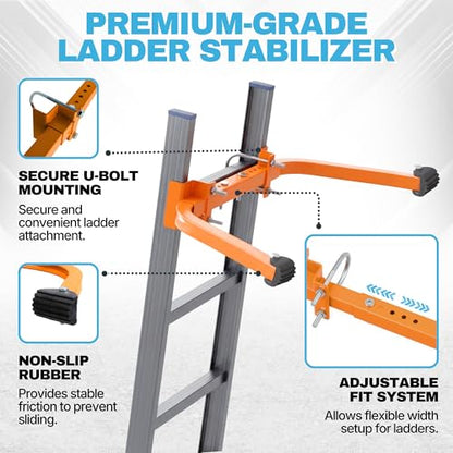 Ladder Stabilizer – Aluminum Ladder Standoff for Extension Ladder | Adjustable Half Frame Stabilizer with Dual Arms for Roof, Gutter Cleaning & Wall Work | Non-Slip Rubber Pads - color: Aluminum Ladder Stabilizer Half-Frame