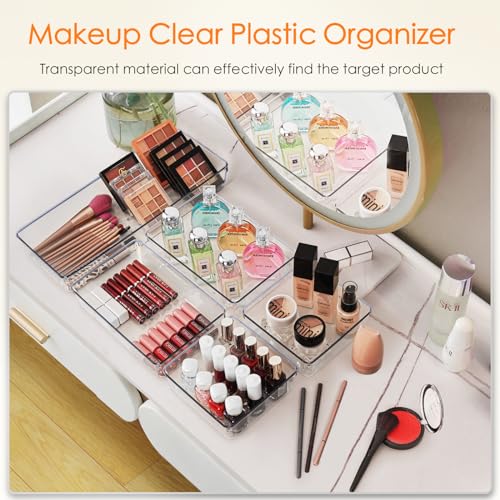 Criusia Drawer Organizer, 10 Pack Large Clear Plastic Set, 3 Size Versatile Bathroom and Vanity Organizer Trays, Storage Bins for Makeup, Bedroom, Kitchen Utensils - size: 10pack
