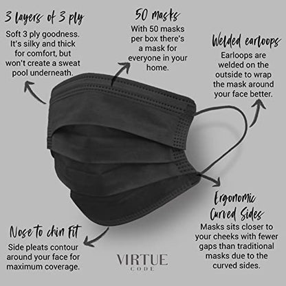 VIRTUE CODE On The Go Curved Face Masks - Soft 3 Ply Comfort 50 Disposable Face Masks - color: Black