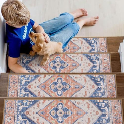 Lahome Non Slip Peel and Stick Stair Treads 15 Pack 8" X 30" Carpet Treads for Wood Stairs, Washable Self Adhesive Mat Edging Staircase for Tenant Defend The Steps from Scratches Dorie,Blue-Tan - color: Blue/Tan