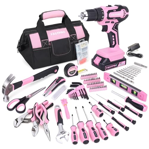FASTPRO 232-Piece Pink Tool Set with Drill, 20V Cordless Drill Driver and Home Tool Set, Pink Drill Set for Women, Lady's Repairing Kit with 12-Inch Storage Bag, Pink - color: Pink