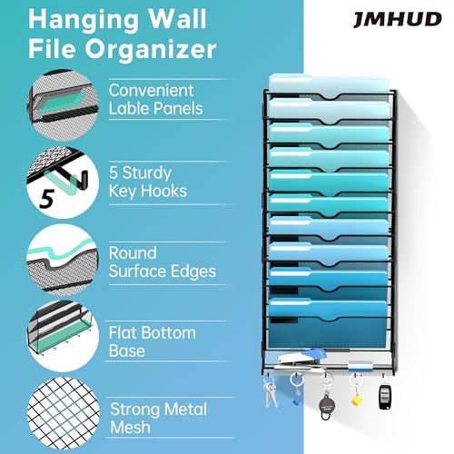 11 Tier Wall File Organizer - Hanging File Organizer with 5 Hooks, Mail Holder Wall Mounted for Papers, Folders, Magazines, Bills, Office&School Organization, Black - size: 11 Tier-Black