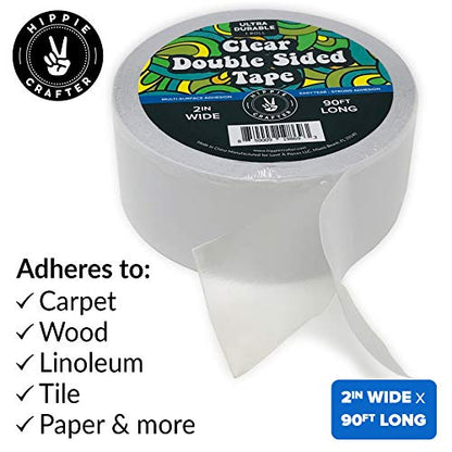 HIPPIE CRAFTER Clear Double Sided Tape, 2 Inch Wide Heavy-Duty Adhesive, Removable Mounting Tape for Posters, Carpets, Wall-Safe Use, Crafts, 90 Feet Long - size: 2 Inch Wide - 1 Pack