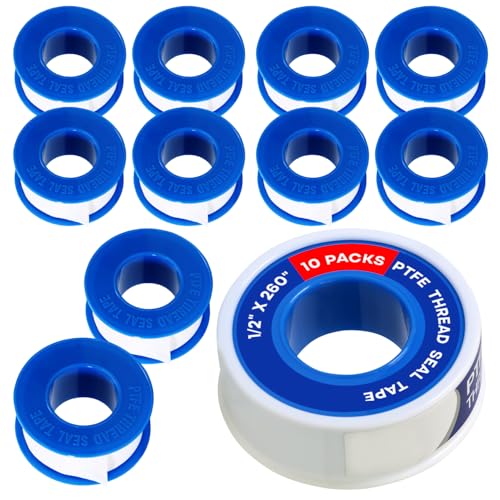 Supply Giant Plumbers PTFE Tape 1/2" W x 260" L 10 Rolls Pipe Thread Tape, High Density Thread Sealant Tape Water Seal Plumbing Tape for Shower Head, Pipes, Gas Lines, Leak Prevention - size: 260", style: Pack of 10