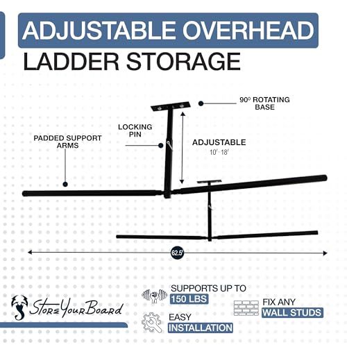StoreYourBoard Adjustable Overhead Ladder Rack – Garage Organizer Ladder Shelf for Step & Extension Ladders - Storage Racks and Shelving for Garage Organization - Ceiling Mounted - Holds 150 lbs - size: Full