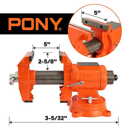 PONY Heavy Duty Bench Vise, 5-inch Jaw Width and Opening, 360-Degree Swivel Base With Anvil, Utility Combination Pipe Home Vise for Woodworking, One-Pair Vise Jaw Pad Included - style: 5-inch Jaw Opening