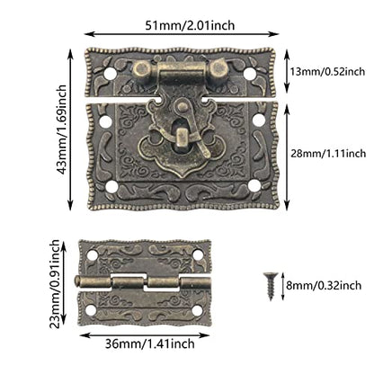 Antique Bronze Furniture Decorative Hardware Rectangle Right Hook Hasp Latch and Engraved Hinge Kit for Jewelry Wooden Box (1 x Hasp + 2 x Hinges + 14 x Screws)