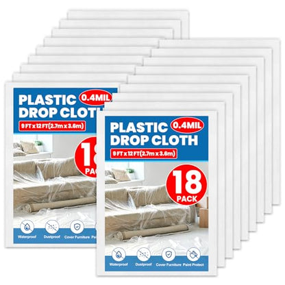 18 Pack Plastic Drop Cloth, 9 x 12 Feet Plastic Sheeting, Painter's Sheeting & Tarps for Painting, Dustproof Painters Plastics Tarp for Furniture Cover - color: 18p