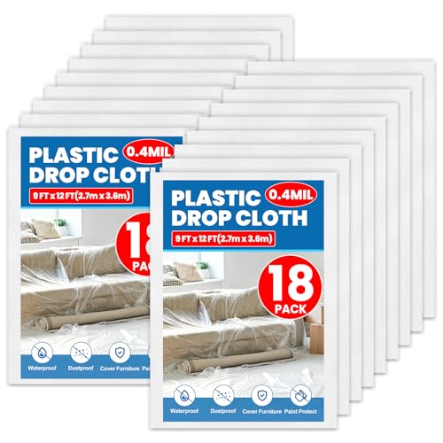 18 Pack Plastic Drop Cloth, 9 x 12 Feet Plastic Sheeting, Painter's Sheeting & Tarps for Painting, Dustproof Painters Plastics Tarp for Furniture Cover - color: 18p