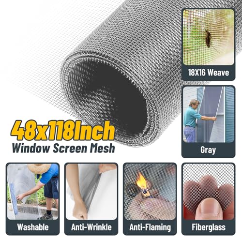 King&Charles Window Screen Door Repair/Replacement Kit, Includes Gray Screen Mesh 48"x118"+ Versatile Screen Roller Tool+50Ft Spline+8Clips, Insect Screen,Pet Proof Window Mesh Kit - color: Gray