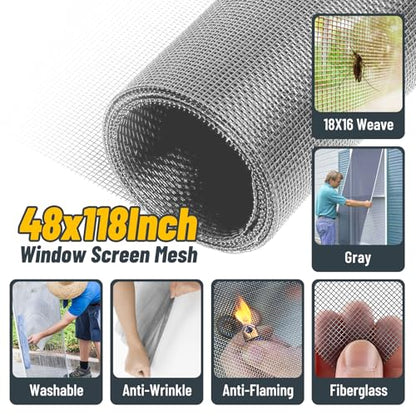 King&Charles Window Screen Door Repair/Replacement Kit, Includes Gray Screen Mesh 48"x118"+ Versatile Screen Roller Tool+50Ft Spline+8Clips, Insect Screen,Pet Proof Window Mesh Kit - color: Gray