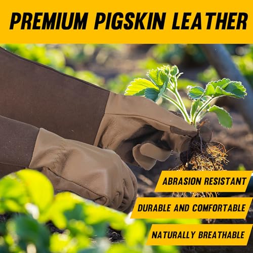 HANDLANDY Long Gardening Gloves for Men & Women, Cowhide Leather Rose Pruning Gloves- Breathable & Durable Gauntlet Glove (Small, Brown) - color: Brown, size: Small (Pack of 1)