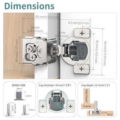 20 Pack 1 1/2" Overlay 3D Soft Close Hinges for Face Frame Kitchen Cabinet, 3 Way Adjust, Self Closing Concealed Cabinet Hinges-105 Degree - size: 1-1/2 inch Overlay
