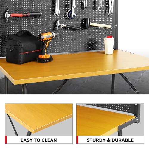 Auto Dynasty Workbench with Pegboard Wood Heavy-Duty Tool Work Bench Max Capacity 330LBS Fits Garage and Workshop, 46.6" x 24.8" x 4.1", Yellow