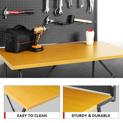 Auto Dynasty Workbench with Pegboard Wood Heavy-Duty Tool Work Bench Max Capacity 330LBS Fits Garage and Workshop, 46.6" x 24.8" x 4.1", Yellow