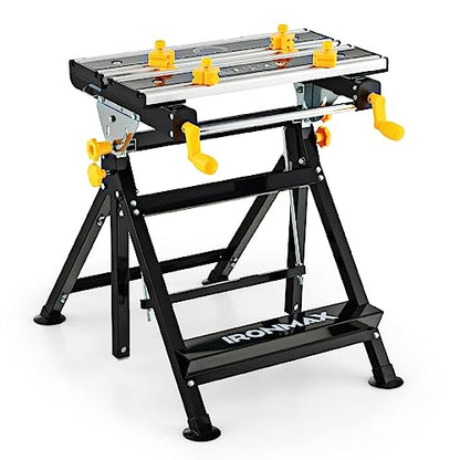 IRONMAX Portable Workbench, Folding Work Table with 7-Level Height Adjustable, 8 Sliding Clamps and Reclining, Folding Workbench and Vise for Cutting, Saw, Paint